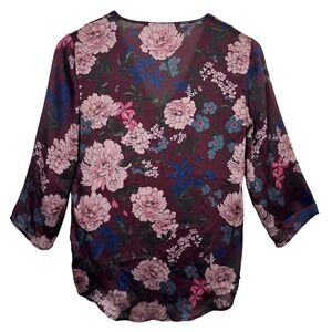 Zara XS Floral Print Burgundy Pink V Neck 3/4 Sleeve Blouse Sheer Romantic